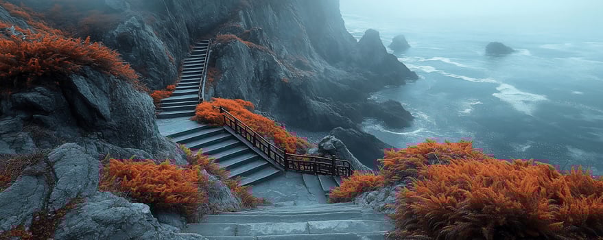 Coastal stairway adventure path by ocean mist photo