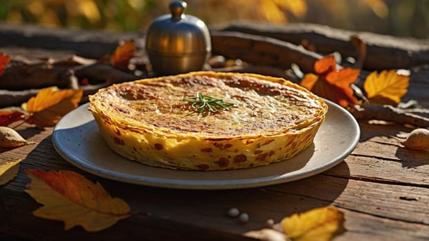 Delicious golden-brown quiche on a rustic wooden table surrounded by autumn leaves in a sunny setting photo