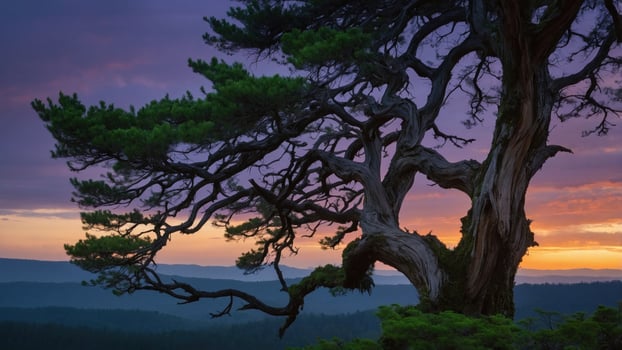 Majestic ancient tree silhouetted against a vibrant sunset over a serene landscape photo