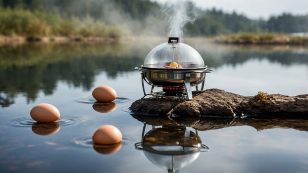 Cooking eggs outdoors on a rocky surface by a serene lake, with steam rising and nature in the background photo