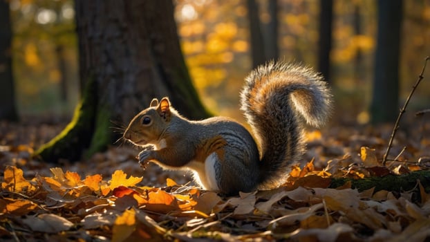 Squirrel jumping through colorful autumn leaves in a serene forest setting during golden hour photo