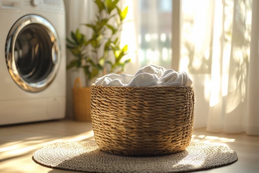 Laundry basket with clean towels and sunlight background photo