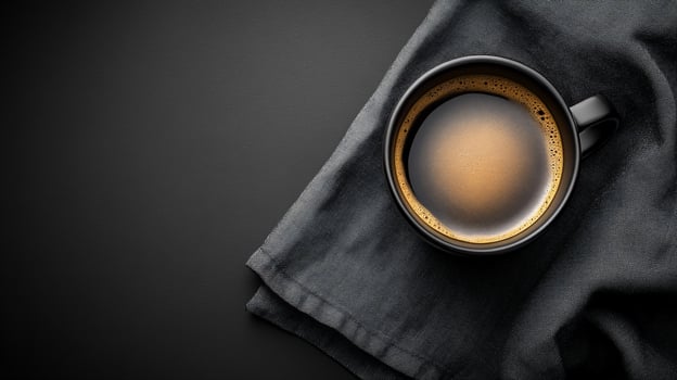 Black coffee in dark mug on fabric minimalist high contrast still life photo