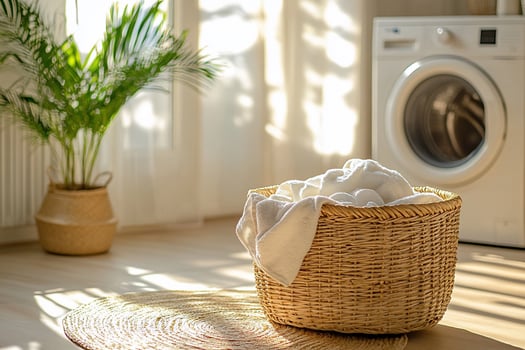 Laundry basket with white towels home interior in sunlight photo