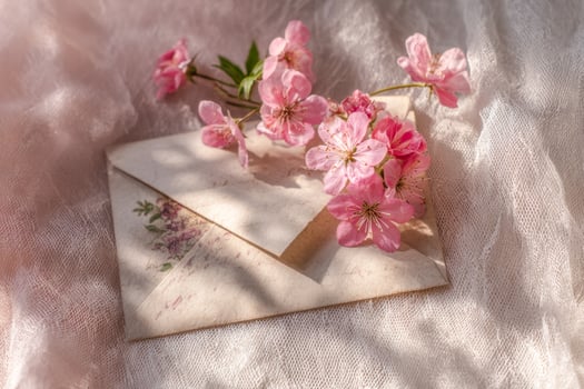 Elegant pink cherry blossoms resting on a vintage envelope with soft fabric background photo
