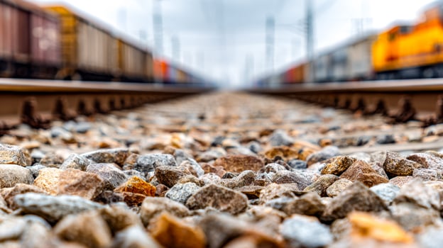 Close-up view of railway tracks with moving trains and rocky gravel bed photo