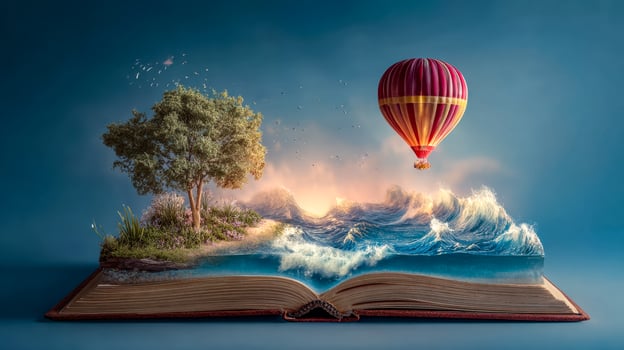 Imaginative landscape emerging from an open book with a hot air balloon and ocean waves at sunset photo