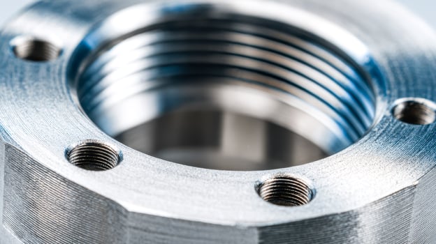 Close-up of a metallic mechanical component with threaded holes photo