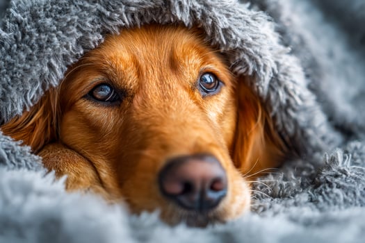 Close-up of a cozy dog resting under a soft blanket photo