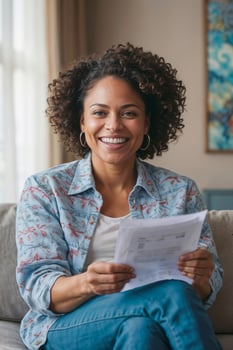 Woman sits on a sofa in living room and reading a document or letter with good news. She is smiling and she is happy. Good news, approval of a bank loan photo