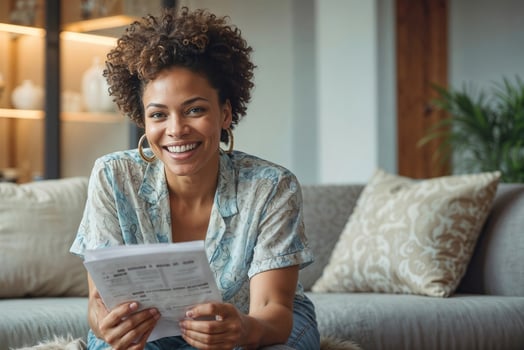 Portrait of African American woman sits on a sofa in living room and reading a document or letter. She is smiling and she is happy. Good news, approval of a bank loan, promotion at work photo