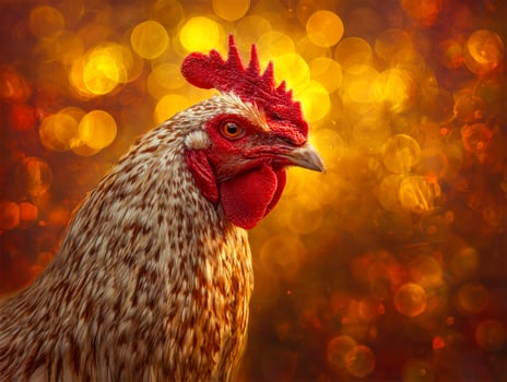 Close-up of a rooster with a vibrant background of glowing bokeh lights photo