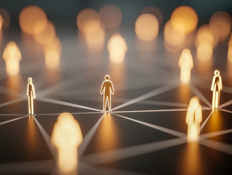 Concept of social connection and networking through illuminated human figures on a digital grid photo