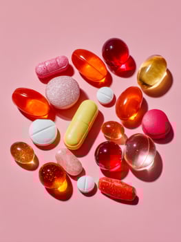Assorted colorful capsules and tablets on a pink background photo