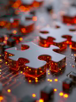 Close-up of a digital circuit board with illuminated puzzle piece symbols and glowing red connections photo