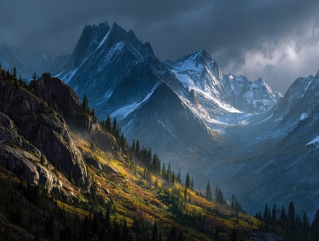 Majestic snow-capped mountains overlooking a lush forested valley photo