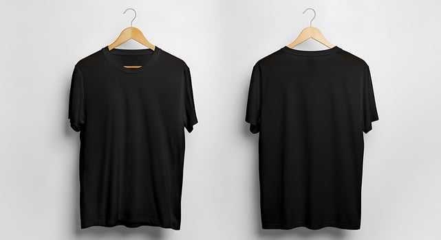 Two black t-shirts mockup front and back displayed on hangers against a light wall photo