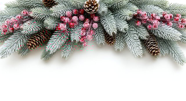 Frosted fir branches with red berries and pine cones on white background photo