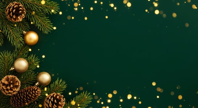 Fir branches with golden Christmas ornaments and pine cones against a dark green background with bokeh lights photo