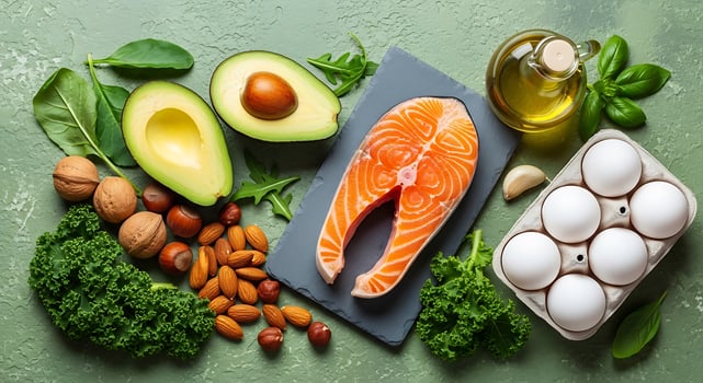 Healthy keto diet foods featuring salmon avocado eggs nuts and olive oil for nutrition photo