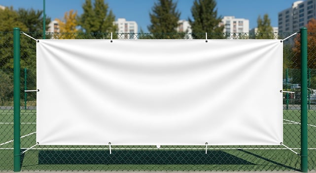 Blank white banner displayed outdoors attached to a green fence under a clear sky photo