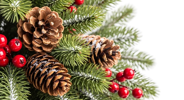 Festive christmas tree branches adorned with pinecones and red berries close-up photo