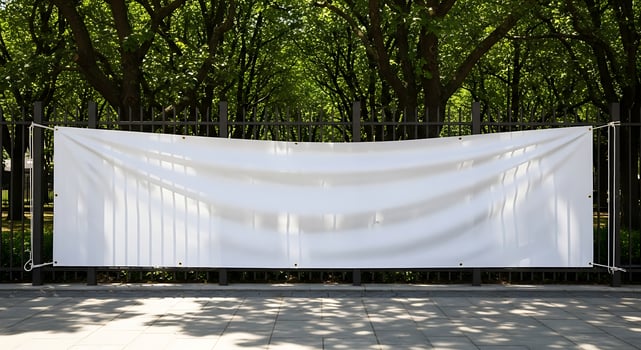 Outdoor white banner displayed amidst lush green trees and sunlight casting shadows photo