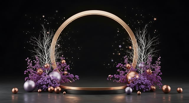 Abstract metallic archway with colorful liquid splashes and floating orbs creating a dynamic visual spectacle photo
