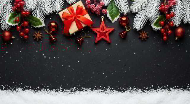Christmas decorations including a gift star bells and berries on a snowy black background photo