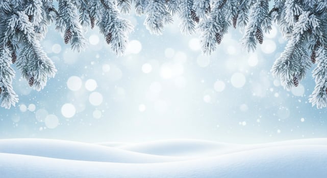 Snow covered pine branches hang over a serene winter landscape with soft bokeh lights photo