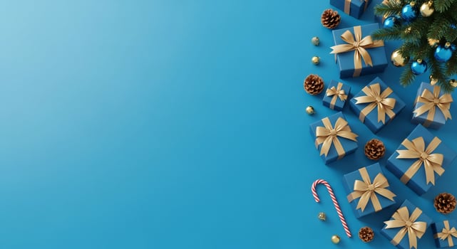 Assortment of blue gift boxes with gold ribbons pine cones ornaments and candy cane on a blue background photo