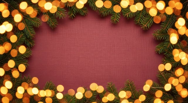 Fir branches and glowing festive lights frame a textured maroon background photo