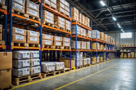 A large warehouse with many boxes stacked on shelves. The boxes are mostly brown and white. Labeling goods in the warehouse for better organization and inventory management photo