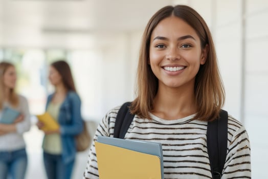 Happy Latina student girl is smiling and holding a yellow folder. She is surrounded by other girls. Scene is happy and friendly photo