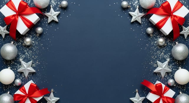 White gift boxes with red ribbons and silver Christmas ornaments scattered across a dark blue background photo