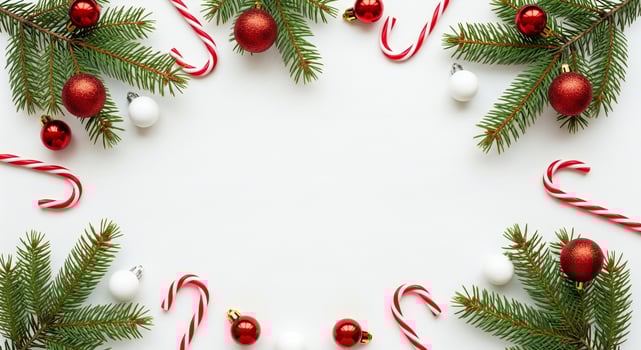 Christmas frame of fir branches red and white baubles and candy canes on a white background photo