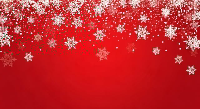 Festive red background adorned with falling white snowflakes and small white dots photo