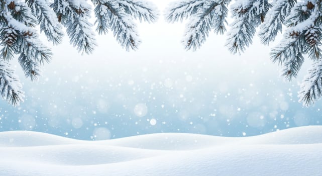 Snow covered pine branches frame a serene winter landscape with falling snowflakes and soft bokeh photo