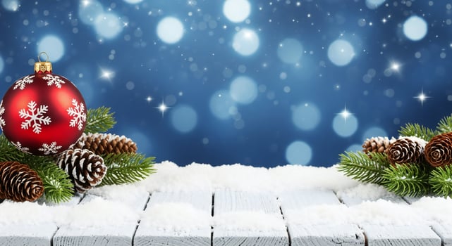 Festive red Christmas ornament and pine cones on a snow covered wooden table against a bokeh background photo