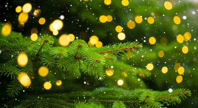 Close up of lush green fir tree branches with glowing golden bokeh lights and falling snow photo