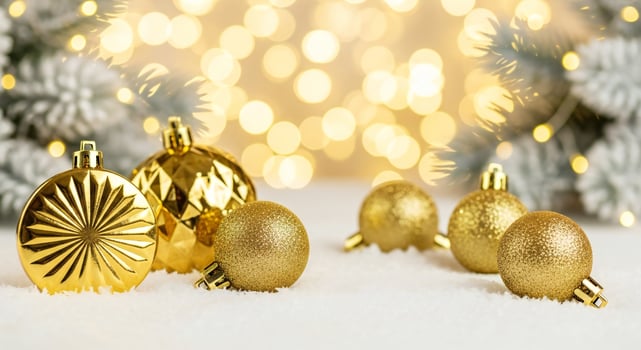 Assortment of golden Christmas baubles arranged on snow with blurred festive lights in background photo