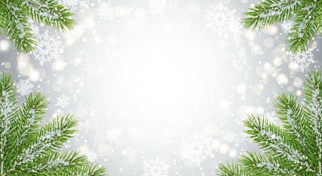 Snow covered pine branches and snowflakes on a blurred festive background with bokeh lights photo