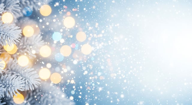 Frosted pine branches adorned with warm bokeh lights amidst falling snow photo