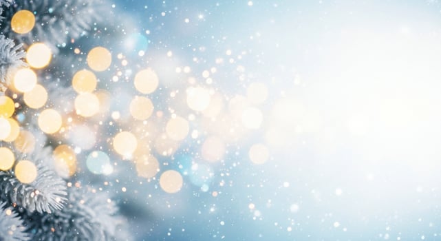 Soft focus bokeh lights and snow particles overlaying frosted pine branches winter holiday background photo