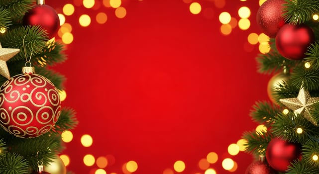 Festive Christmas tree branches adorned with red and gold ornaments and twinkling lights against a red background photo