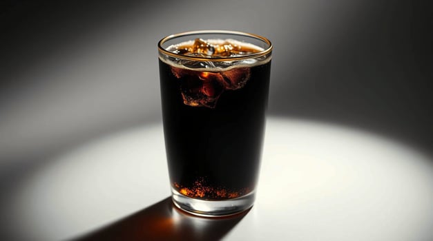 A glass of cola with ice and a shadow photo
