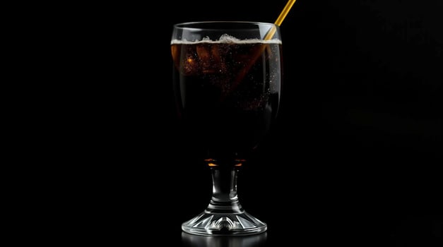 A glass of cola with a straw on a black background photo