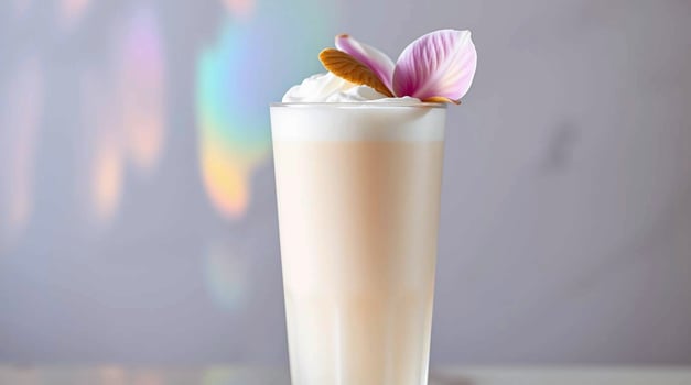 A white drink with a flower on top photo