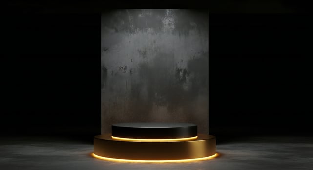 Illuminated stage podium with textured background and dark moody atmosphere photo