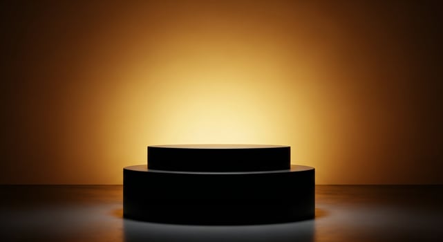 Black cylindrical display stages on a reflective surface against a warm gradient background photo